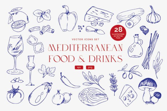 Download Mediterranean Food &amp; Drink Illustrations - Mediterranean Collection