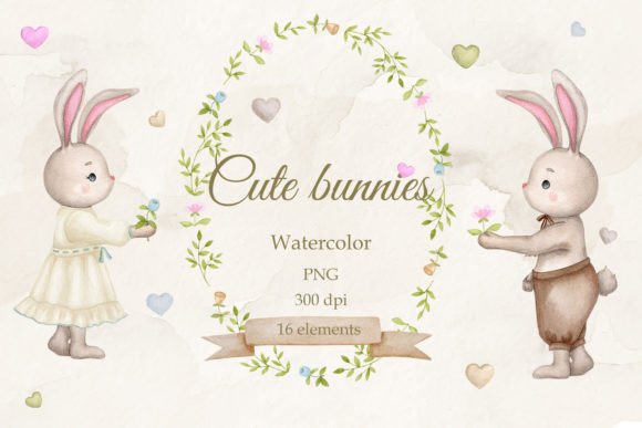 Download Cute Bunnies.Boy and Girl.Watercolor PNG - Cute Collection